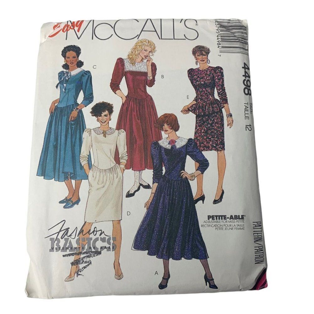 Vintage 80s McCalls 4498 Pattern Misses 6-16 Long Sleeve Dress Variation Uncut